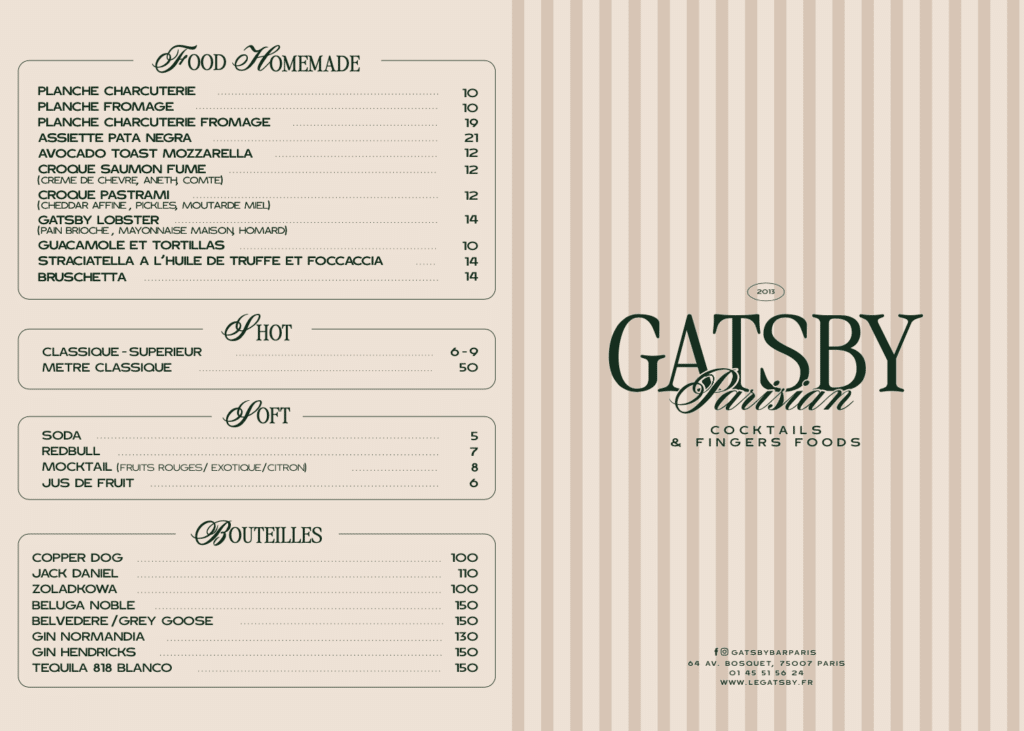 carte menu cocktails finger food