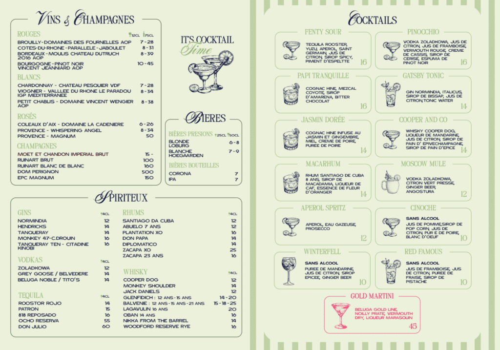 carte de cocktails gin rhum vodka tequila tapas finger food